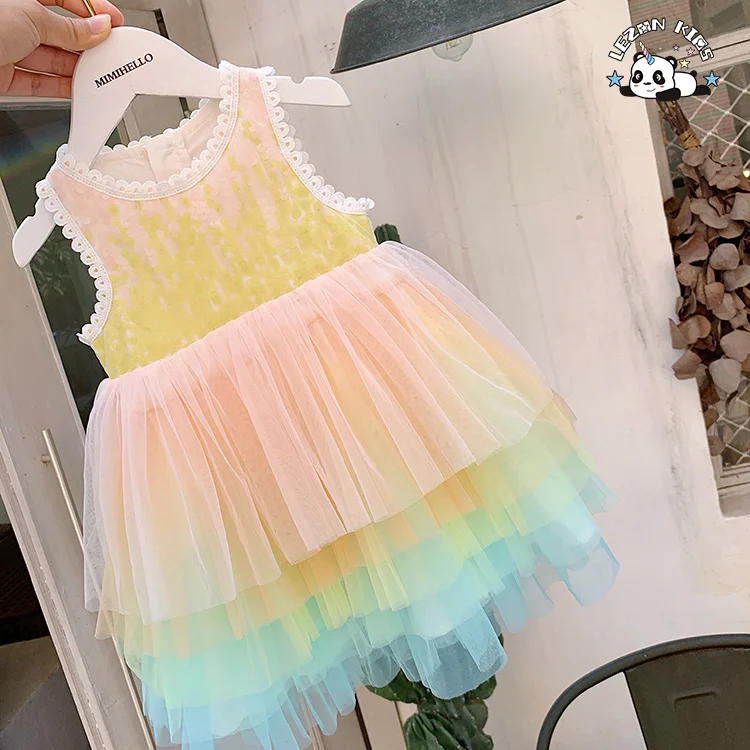LEZONKIDS - OEM Girls Mesh Rainbow Tutu Dress Kids Sequin Mesh Party Dress Evening Party Princess Dress for Kids